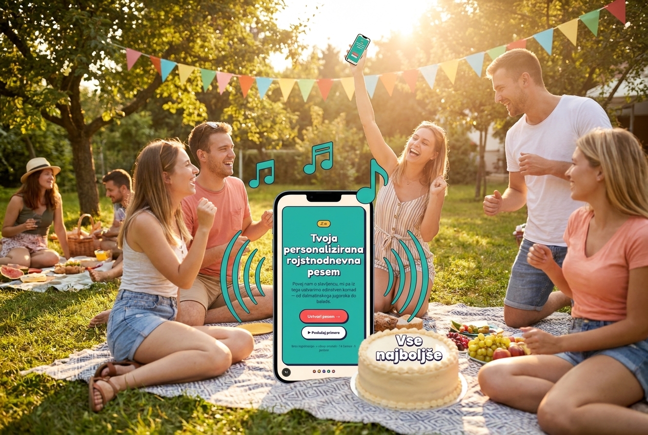 Druščina mladih se zabava na pikniku ob glasbi